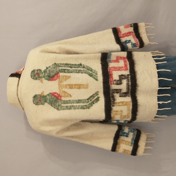 Vintage 70s Wool Jacket Love Birds Hand Crafted South American Woven w Fringe - Picture 2 of 16